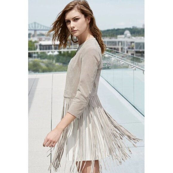 NWT Soia & Kyo Romie Collarless Light Grey Suede Long fringe  Boho Jacket XS - Picture 3 of 13